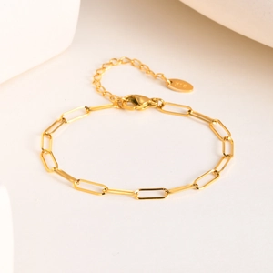 Detailed close-up of gold paperclip chain bracelet with lobster clasp and logo tag