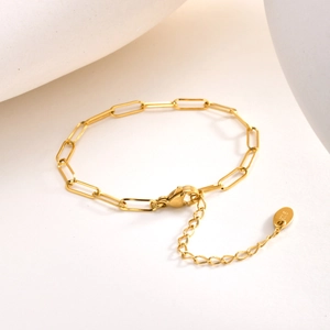 Elegant gold stainless steel paperclip link bracelet with K18 tag and adjustable clasp