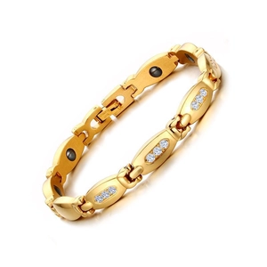 Gold magnetic stainless steel health bracelet with cubic zirconia accents for women