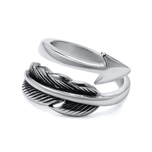 Vintage stainless steel open feather ring with arrow detail and polished silver finish
