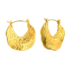 Textured golden C-shape hoop earrings with embossed irregular vintage pattern