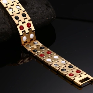 Elegant gold stainless steel magnetic bracelet for men with therapeutic stone inlays