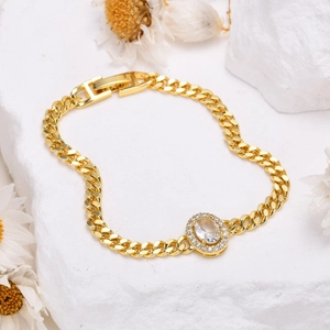Vintage gold-plated Cuban chain bracelet with oval zircon halo centerpiece