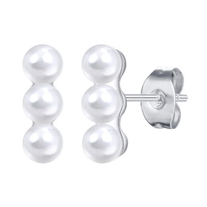 Elegant silver stud earrings with three vertically aligned white faux pearls for women