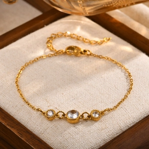 Fashion Stainless Steel Gold Plated Three Stone White Zirconia Bracelet For Women Minimalist Cross Chain Adjustable Jewelry