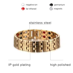 Gold stainless steel magnetic therapy bracelet for men with health element inserts