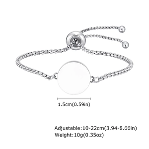 Macro detail of adjustable stainless steel bolo bracelet with circular pendant and dimensions