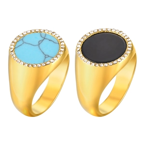 Bagues chevalières dorées pour femmes avec turquoise, onyx noir et pavé de oxydes de zirconium