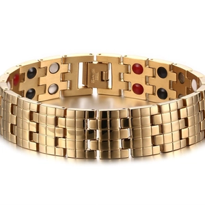 Men's gold stainless steel magnetic energy bracelet with H-link chain and functional stones