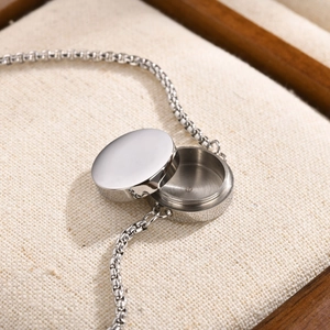 Adjustable stainless steel square box chain bracelet with round locket pendant in silver