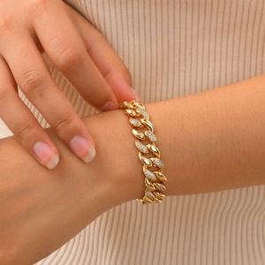 Fashionable gold Cuban link bracelet for women featuring sparkling zircon diamond paving