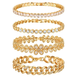 Fashion gold bracelet set for women featuring zirconia stones and cuban link chain