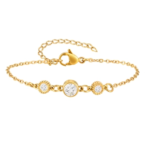 Gold stainless steel cross chain bracelet featuring three white zircon stones and lobster clasp