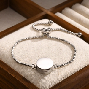Minimalist Stainless Steel Adjustable Bolo Bracelet For Women Polished Round Pendant Box Chain Fashion Jewelry Silver Tone