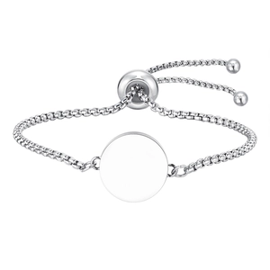 Adjustable stainless steel box chain bracelet with a round engravable blank charm