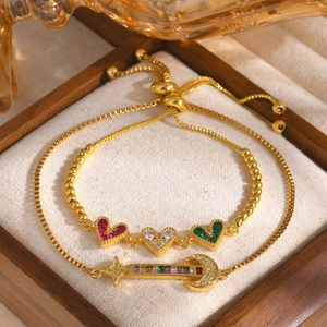 Bracelet Réglable en Cuivre Plaqué Or avec Cœur Lune et Étoile pour Femmes Bijoux à Cordon en Strass Colorés