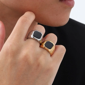 Bagues géométriques unisexes en acier inoxydable avec agate noire en or et argent