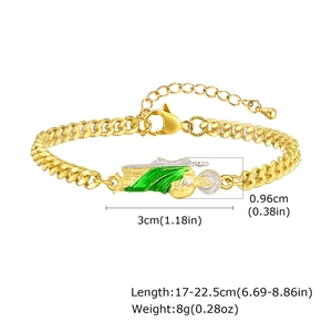 Detail showing dimensions of gold Saint Jude pendant and adjustable Cuban chain bracelet