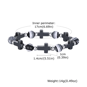 Cross hematite beaded bracelet with black and white beads for men in minimalist style