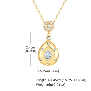 Collier doré avec pendentif goutte en zircone, incluant les dimensions et la chaîne