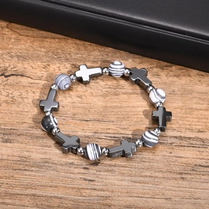 Vintage Alloy Cross Hematite Beaded Bracelet For Men Women Gothic Religious Style Adjustable Elastic Charm Jewelry Wristband Gift