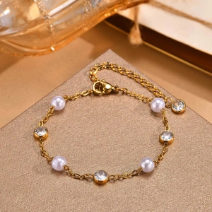 Elegante Bracciale in Acciaio Inossidabile Con Perla Artificial d'Imitazione E Zirconia Placcato Oro Catena Regolabile per Donna Gioielli di Moda