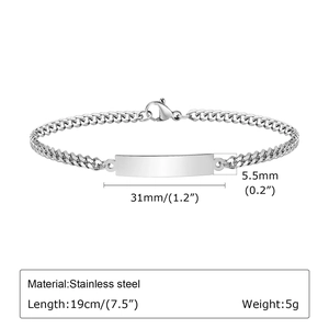 Bracelet à chaîne gourmette en acier inoxydable argenté avec plaque d'identité incurvée