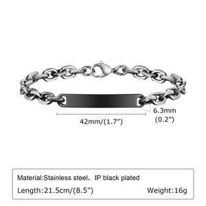 Détail du bracelet chaîne en acier inoxydable avec plaque ID 42mm et longueur totale 21,5cm