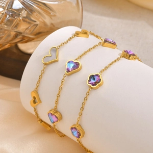 Damen Mode Edelstahl Armband Lila Blau Farbverlauf Blume Herz Anhänger Gold Plattiert Perlmutt Schmuck Geschenk