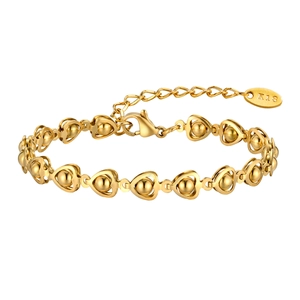 Golden stainless steel hollow heart link bracelet with gold beads and K18 lobster clasp