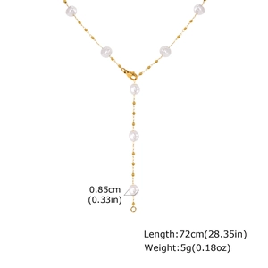 Detail view of gold Y-shape pearl necklace with 72cm length and 0.85cm pearl size specs