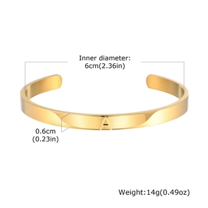 Tableau des tailles détaillé pour bracelet jonc en acier doré poli avec la lettre A