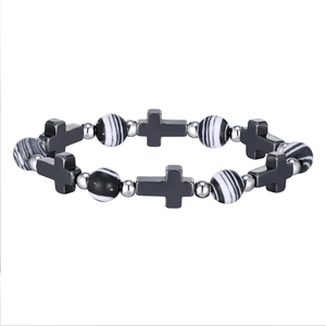 Men's retro cross beaded bracelet with black cross stones and striped alloy beads
