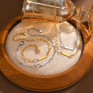 Chic gold and silver titanium steel necklaces with rectangle tags and round zircon stones