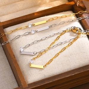 Gold and silver paperclip chain necklace with zircon and rectangular pendant plate