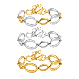 Three minimalist oval link chain bracelets in gold, silver and mixed tones with lobster clasp