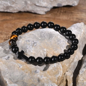 Men's beaded bracelet featuring black obsidian, tiger eye stones, and a steel cross charm