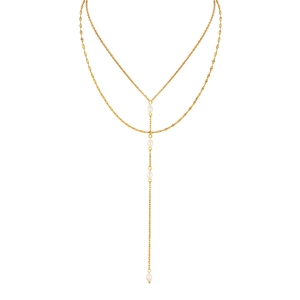Collier Y doré double rang en acier inoxydable orné d'élégantes perles blanches