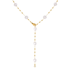 Elegant gold stainless steel Y-shaped necklace with white pearls on a white background
