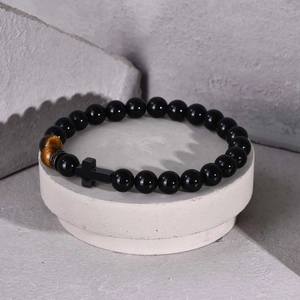 Men's black onyx and tiger eye beaded bracelet with stainless steel cross charm