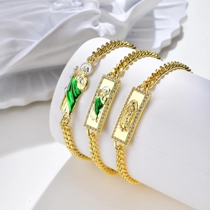 Religious Saint Jude Virgin Mary Copper Bracelet Necklace Gold Plated Cuban Link Enamel Rhinestone Jewelry For Women Men