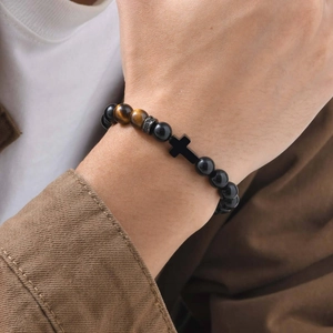 Men's Black Stainless Steel Cross Pendant Beaded Bracelet With Natural Polished Agate Tiger Eye Stone Beads Jewelry Gift