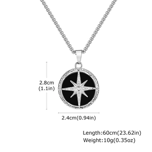 Men's steel compass pendant with star motif and Tiger Eye, size 2.8cm by 2.4cm