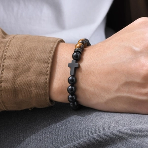 Men's beaded bracelet with black onyx, tiger eye stone and matte black cross pendant