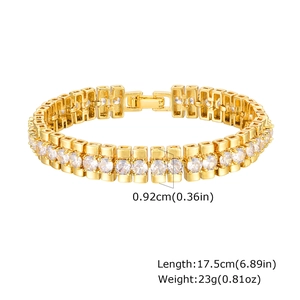Detail view of gold-plated copper bracelet with zircon stones and dimensions markers