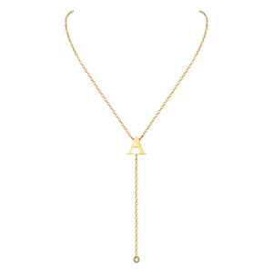 Golden stainless steel Y-shaped necklace with letter A pendant and white zircon drop