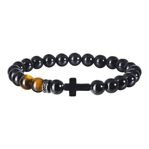 Men's beaded bracelet with tiger eye stones, black agate beads and a cross charm