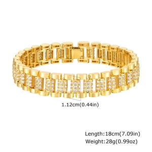 Detail showing 1.12cm width and 18cm length of gold watch band bracelet with cubic zirconia