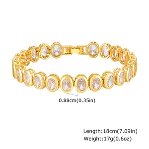 Detailed view of gold plated cubic zirconia link bracelet with 18cm length specifications