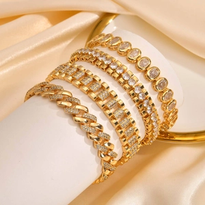 Luxury Copper Gold Plated Zirconia Watchband Link Bracelet For Women Fashion Rhinestone Cuban Chain Hand Jewelry